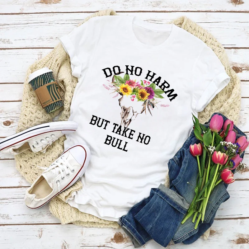 Женская летняя футболка с принтом графики быка корова хениха подсолнуха черепа