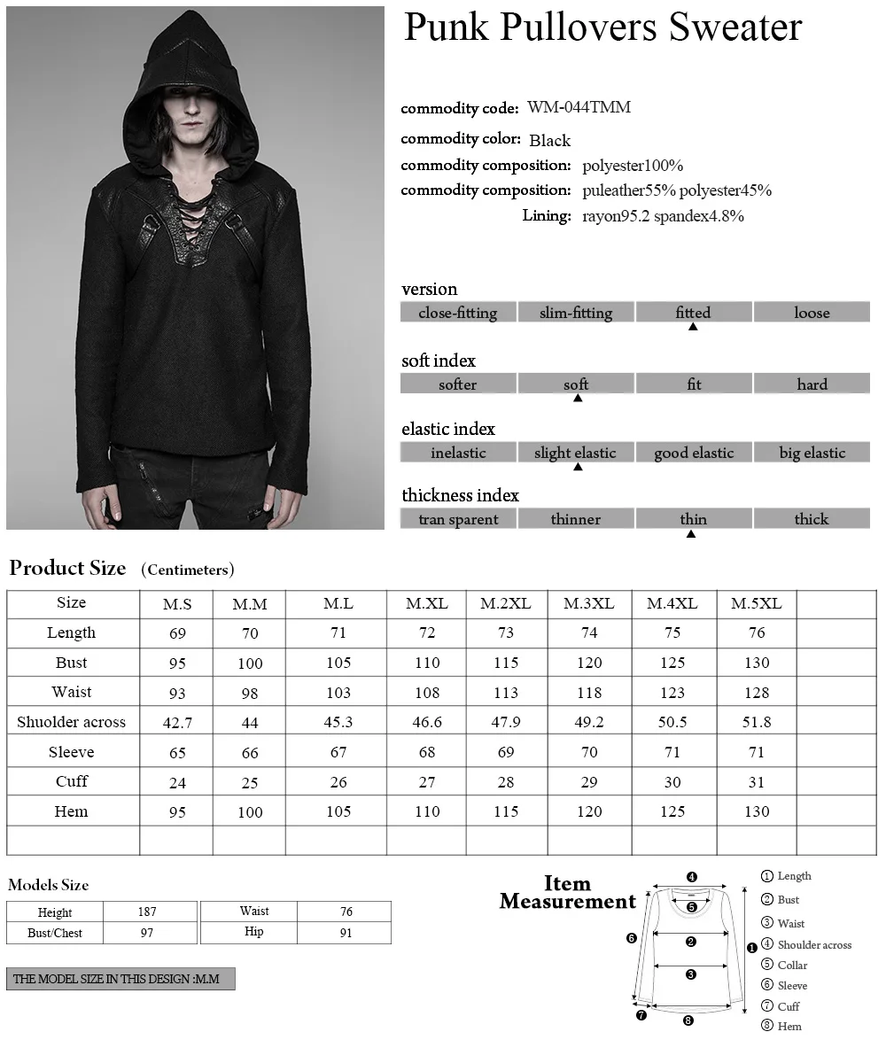 

PUNKRAVE Men's Punk Hooded Pullovers Sweater Street Fashion Dragon Wing Shape Hat Coarse Grain Wool Sweater