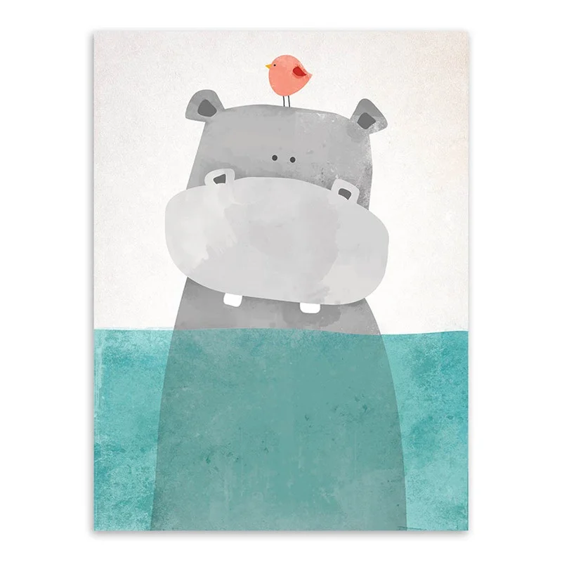 Настенная картина в скандинавском стиле Kawaii Hippo птица животное наклейка холст