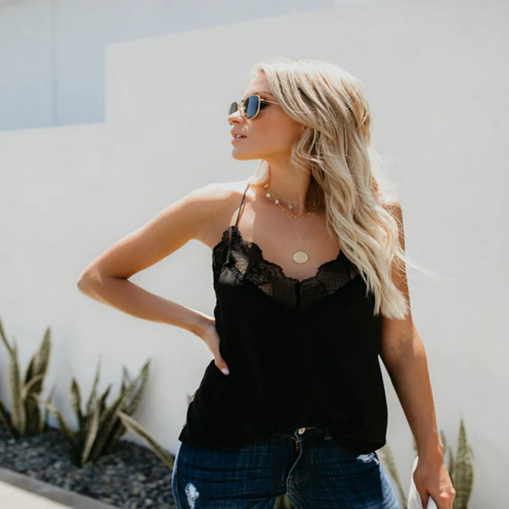 Блузка женская летняя шелковая кружевная без рукавов на бретельках сатиновая 2019