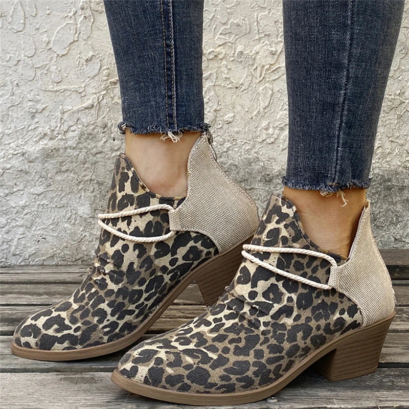 New Fashion 2021 Women's Ankle Boots Leopard Ladies Chunky Female Shoes Woman Footwear 35-43