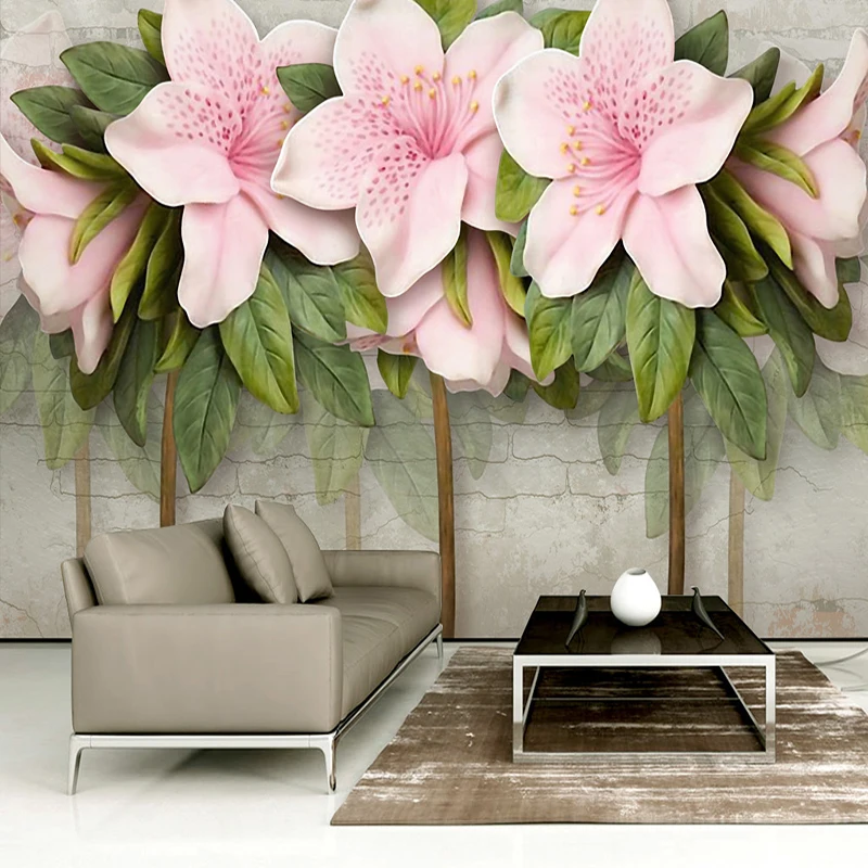 Фото Фотообои на заказ скандинавские 3d рельефные зеленые листья розовые цветы