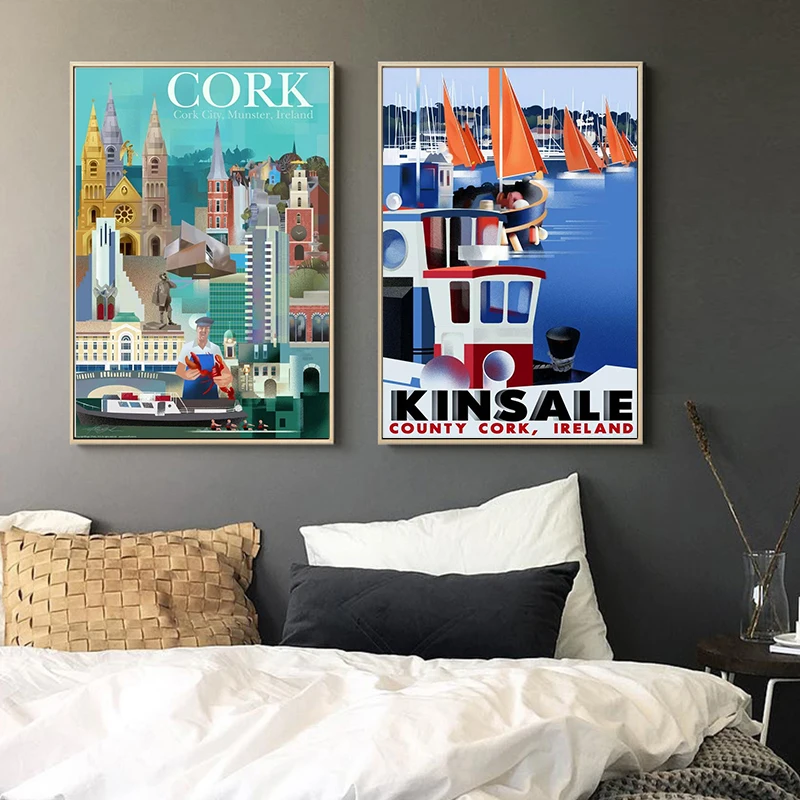 Ирландия гавань Город пробка винтажные постеры для путешествий Картина на