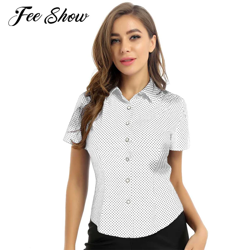 Womens Vintage 1950s Retro Blouse Tops Turn Down Collar Petal Short Sleeves Button Down Polka Dot Shirt Tops Slim Fit Shirts