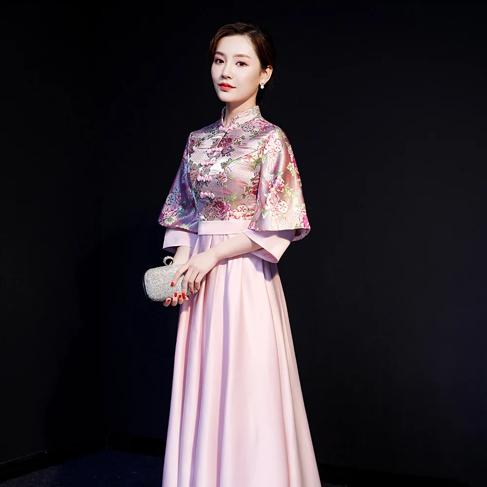 

Женское атласное платье-Ципао, розовое длинное Плиссированное вечернее платье с цветочной вышивкой