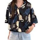 Блузка женская повседневная с отложным воротником, милый топ в японском стиле с принтом кота, винтажная рубашка с коротким рукавом на пуговицах для девочек, лето 2021