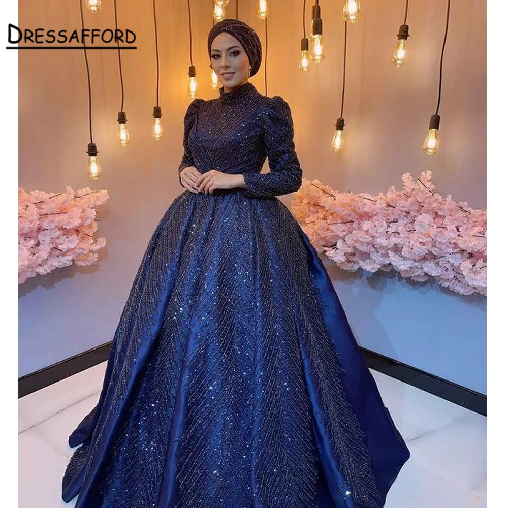 

Muslim Evening Dresses High Neck Long Sleeves Beads Ankle Length Prom Gowns Saudi Arabic Women Formal Dress
