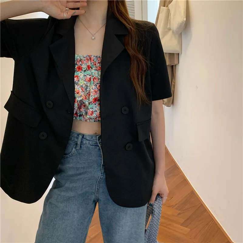 

Summer 2021 Korea Simple OL Women Office Ladies Fashion Short Sleeve Double Breasted Blazer Loose Purple Blazer