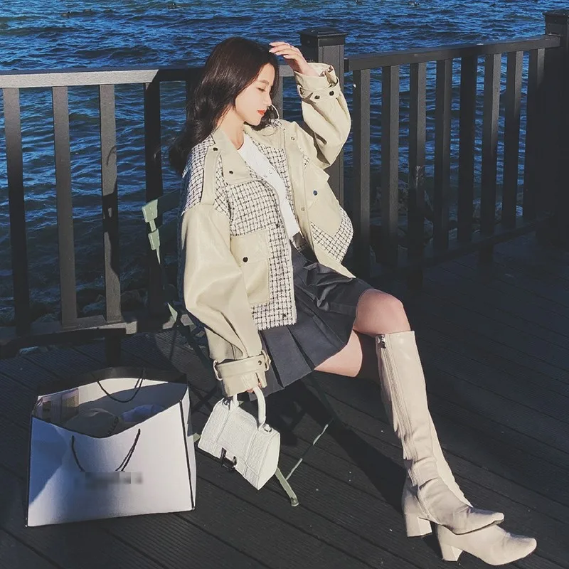 

High Street Women Pu Leather Jacket Stand Collar Loose Patchwork Tweed Short Coat 2021 Spring Outwear Long Sleeve Bikers Jackets