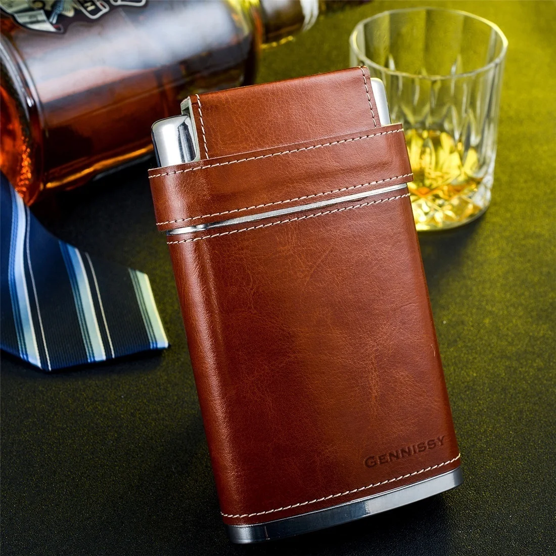 

GENNISSY 8OZ Stainless Steel Flask Brown Leather Whiskey Wine Pot Men Outdoor Portable Hip Flasks With 3 Cups and Funnel