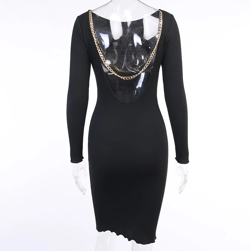 

Autumn Backless Long Sleeve Dress Zippers Knitted Knee-length Sexy Party Club Bodycon Dress Femme Black Clubwear G1982