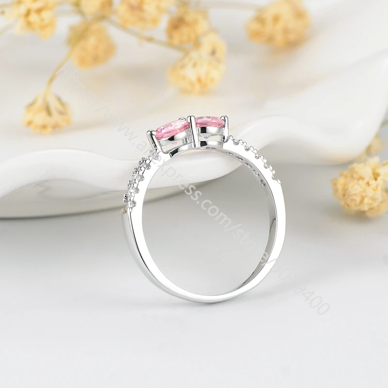 

white Gold plated Silvers ring Pink sapphires Dainty ring Promise Engagement rings double pink CZ Delicate Minimalist ring