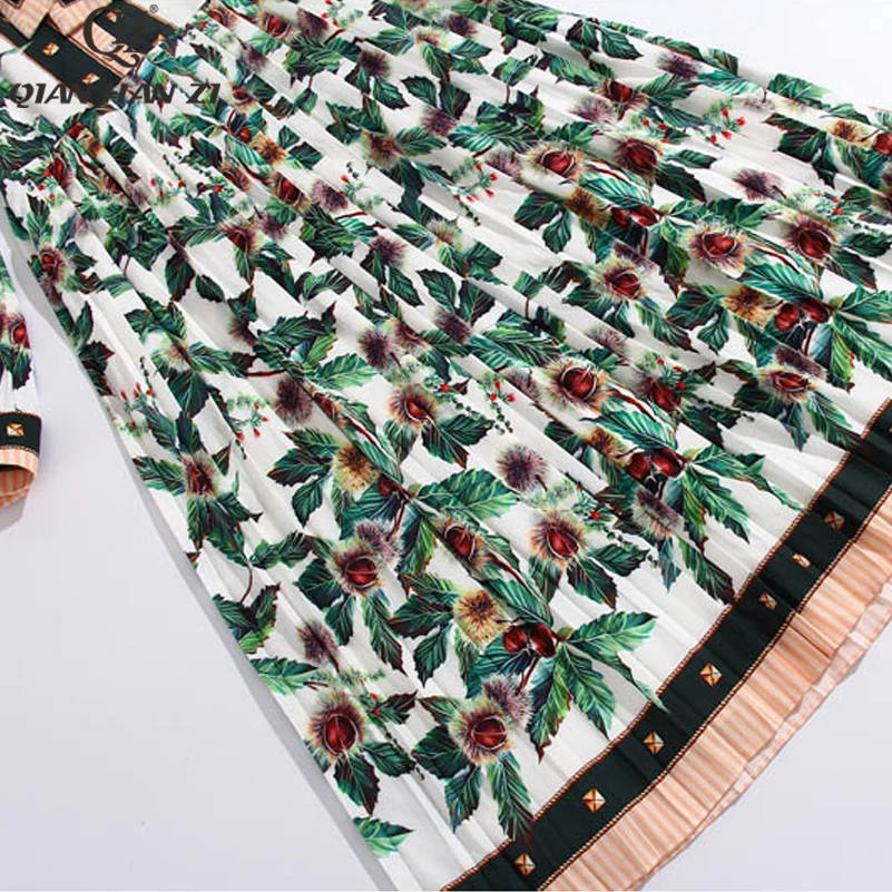 

Qian Han Zi spring designer fashion dress Women Long Sleeve Printed Dress Slim elegant belt bow Pleated Midi dress
