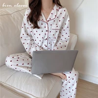 heart printed pajamas for women cute home suits long sleeve cotton sleepwear set spring pyjama with pocket turn down collar 2pcs