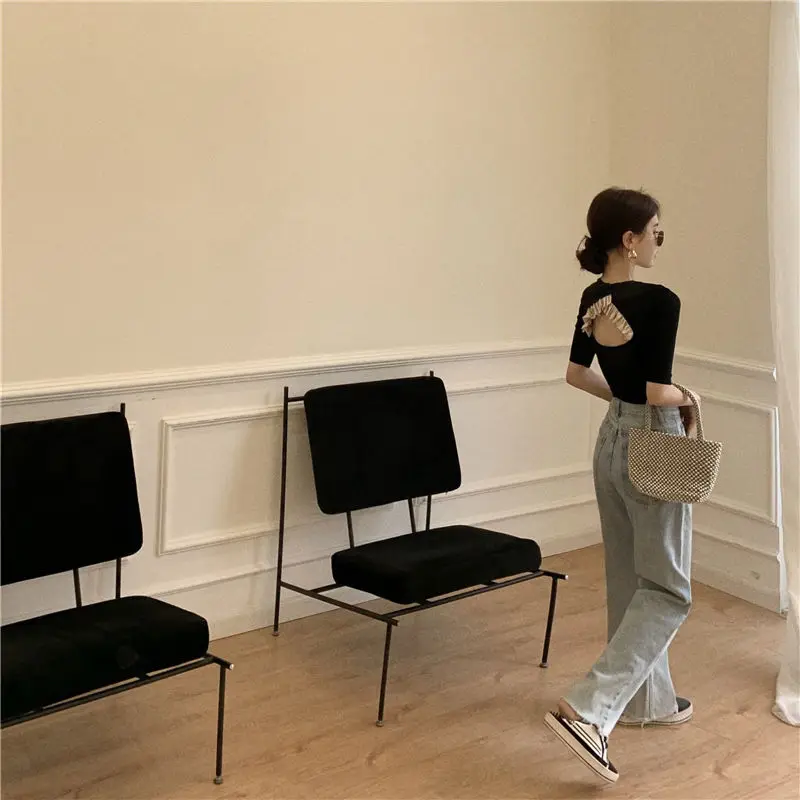 

Summer 2021 new port style design sense Black Slim short open back short sleeve t-shirt female