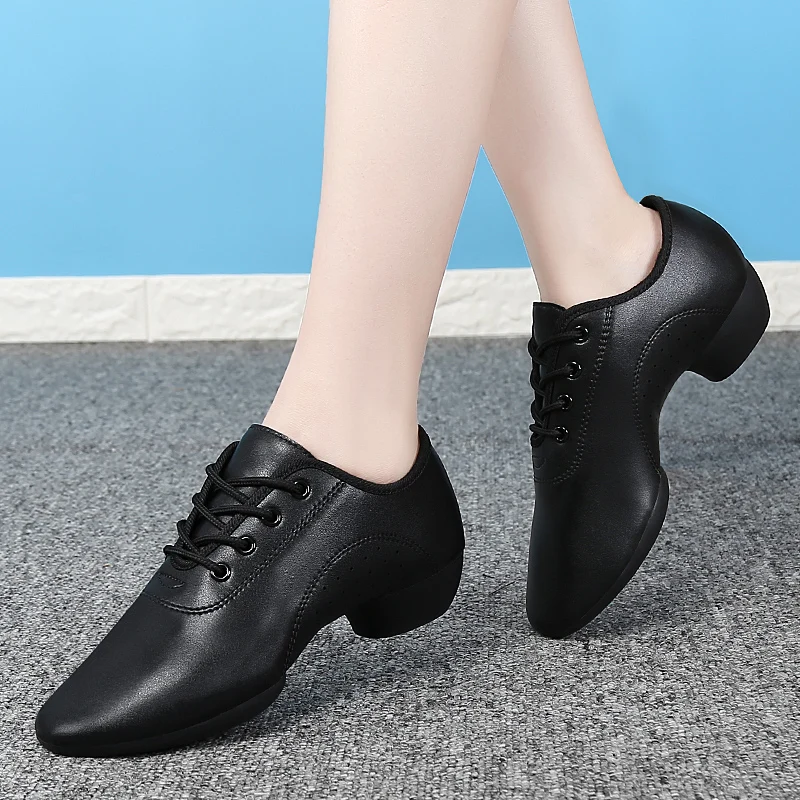 

Latin Dance Shoes Womens Black Leather Ballroom Modern Dancing Shoes Ladies Latin Practice Shoe Rubber Sole Lace-up