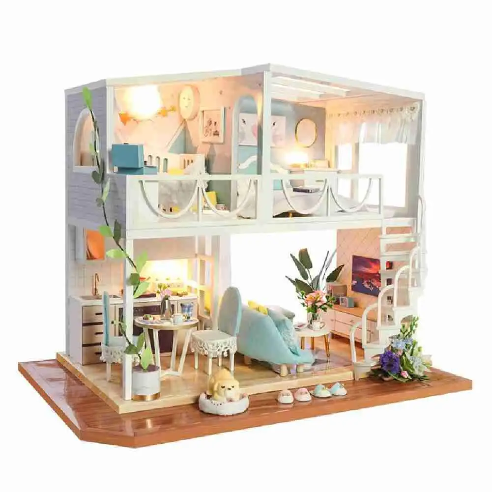 

DIY Wooden Casa Dollhouse Kits Assembled Miniature Furniture Princess Loft Light Doll House 2D Model Roombox Toy for Adult Gifts