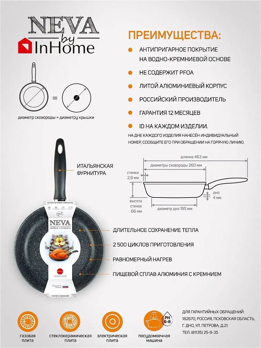 Сковорода InHome универсальная литая толстостенная с крышкой антипригарным