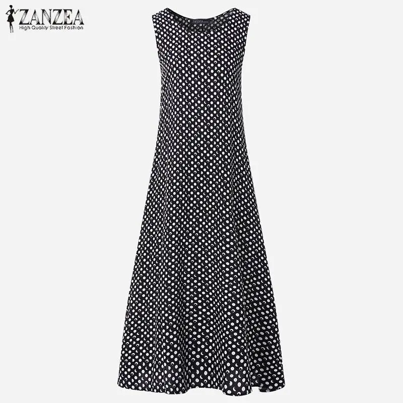 Bohemian Polka Dot Maxi Dress Women's Sundress 2019 ZANZEA Casual Sleeveless Tank Vestidos Female O Neck Party Robe | Женская одежда
