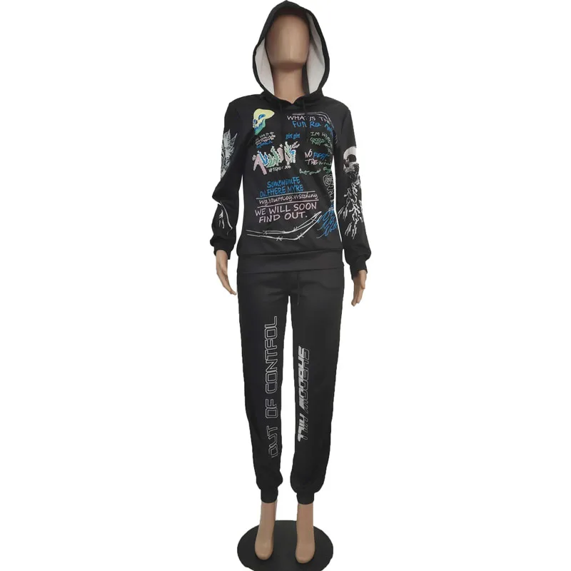 

ZKYZWX Lounge Wear Letter Print Hoodies Drawstring Full Sleeve Two Piece Set for Women Sweatsuit Fashion Jogger Matching Sets