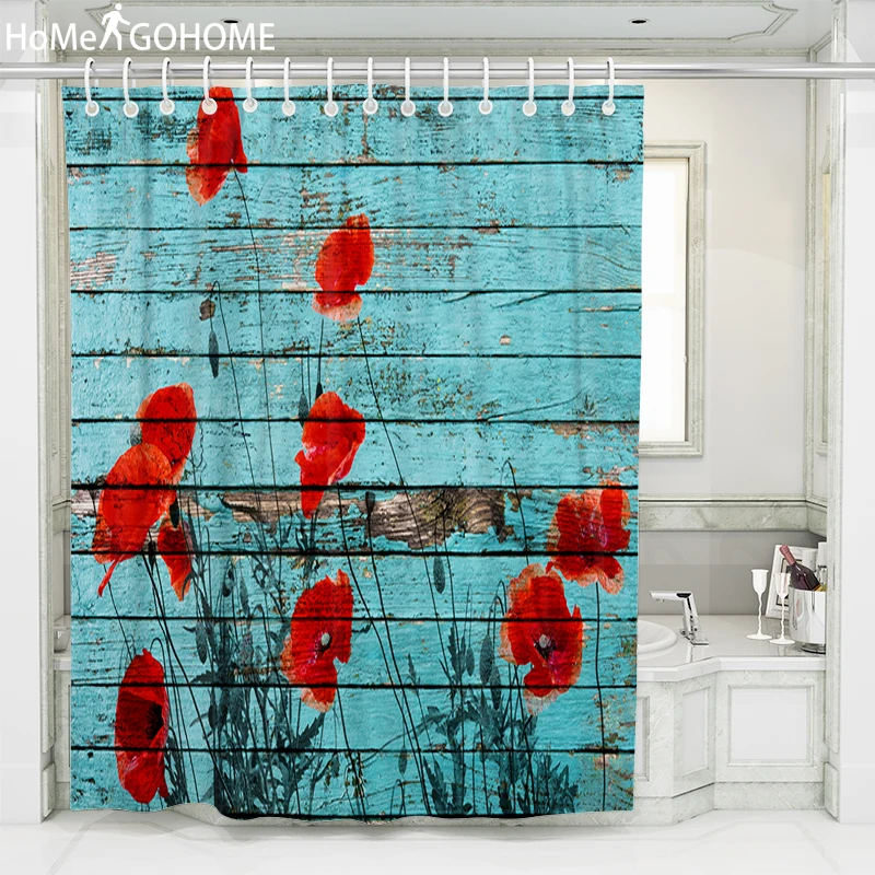Бирюзовая древесина красный цветок занавеска для душа s Водонепроницаемая