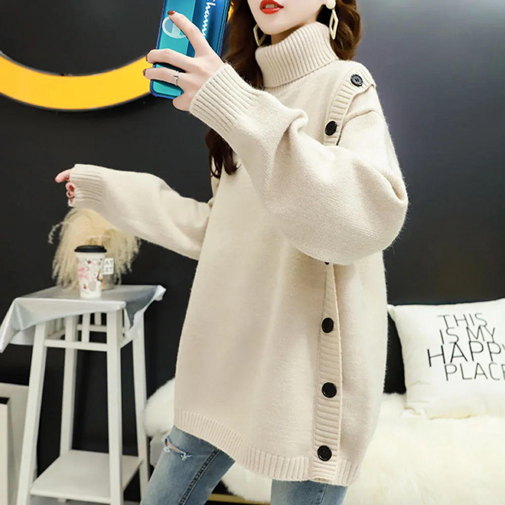 

Утепленный женский свитер, корейский Повседневный трикотажный пуловер с высоким воротом и длинным рукавом в японском стиле, джемперы, топы,...