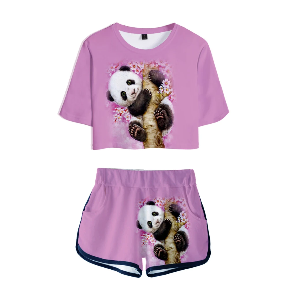 

Спортивный костюм для девушек Pop Kawaii Panda из двух предметов, Модный летний популярный укороченный топ с коротким рукавом + шорты, повседневный сексуальный Высококачественный костюм