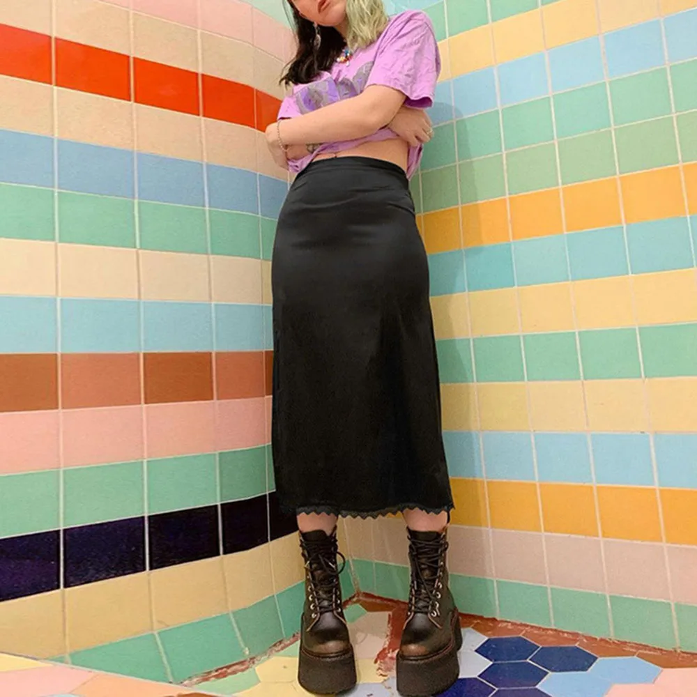 

2021 Summer New Solid Color Satin Lace Splicing Skirt Western Style High Street Fashion High Waist Thin Elastic Hipster Casual