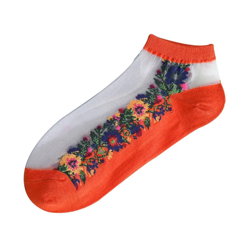 

New Spring Summer Thin Cotton Silk Transparent Flower Woman's Socks Casual Cute Korean Style Crystal Sokken Breathable Retro Sox