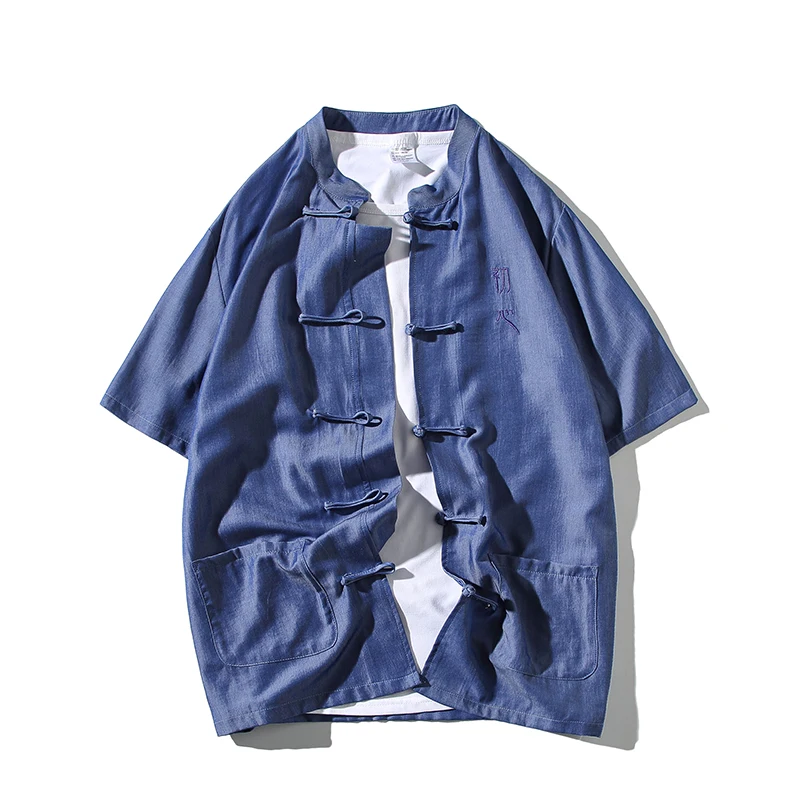 

Summer Chinese Style Thin Ice Silk Short Sleeve Shirt 2021 Text Embroidery Tang Suit Men Clothing Harajuku Coats Male Tops