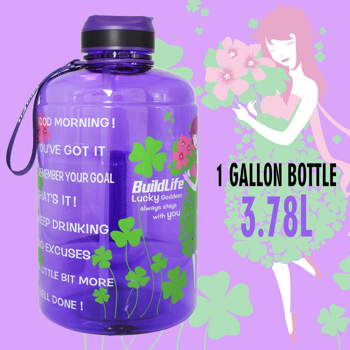 Lucky Clover BuildLife 1 галлон бутылка для воды с соломенным маркером времени 3.78л 128 унций BPA бесплатно пластиковая большая емкость фитнес спорт воды кувшин - Цвет: Lucky Clover