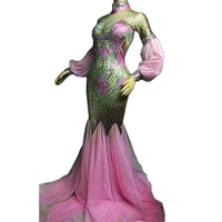 long sleeve pink net yarn women mermaid dress nightclub dance ds show stage wear prom party birthday celebration costumes