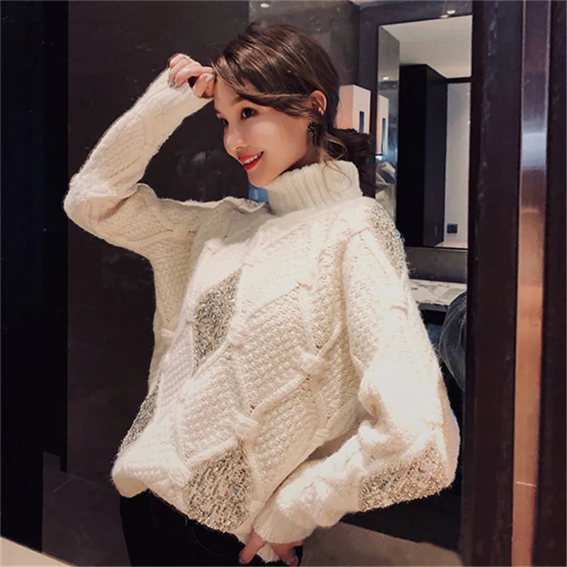 Винтажные свободные вязаные свитера с блестками Женская мода 2022 водолазка