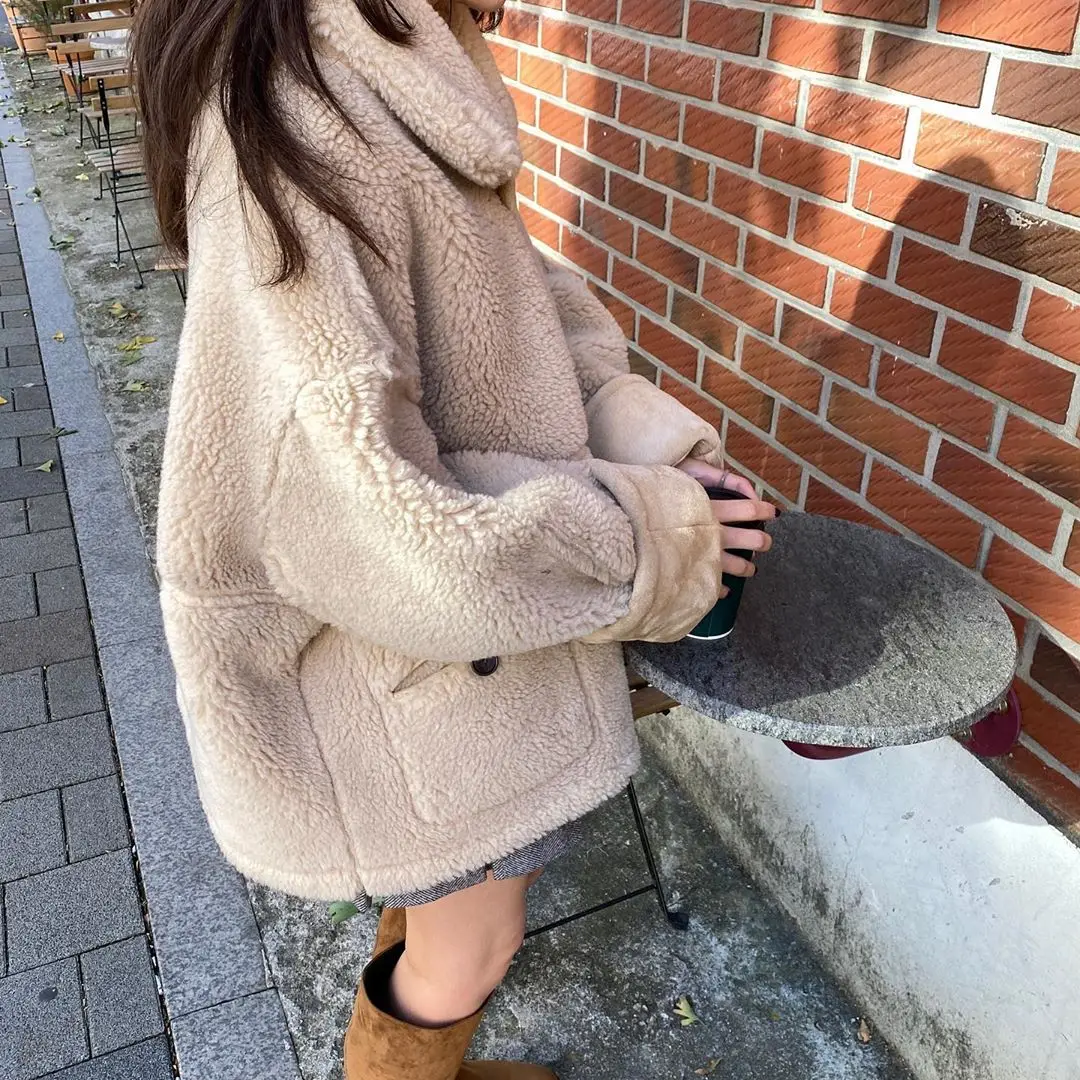 

2020 Korean Chic Lamb Fur Coat Jacket Woman Thick Overcoat Outwear Double-faced Wear Winter Loose Parka Plus Size Women Clothing