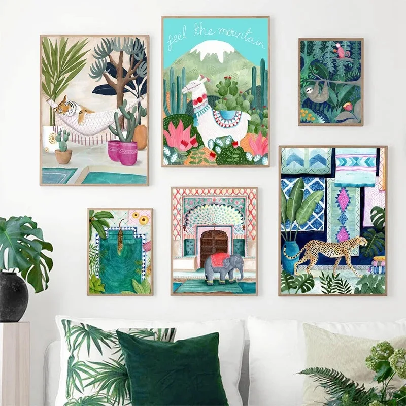 

Modern Beauty Landscape Decorative Canvas Painting Creative Cheetah Animal Plant Posters Forest Tiger Elephant Ins Home Decor