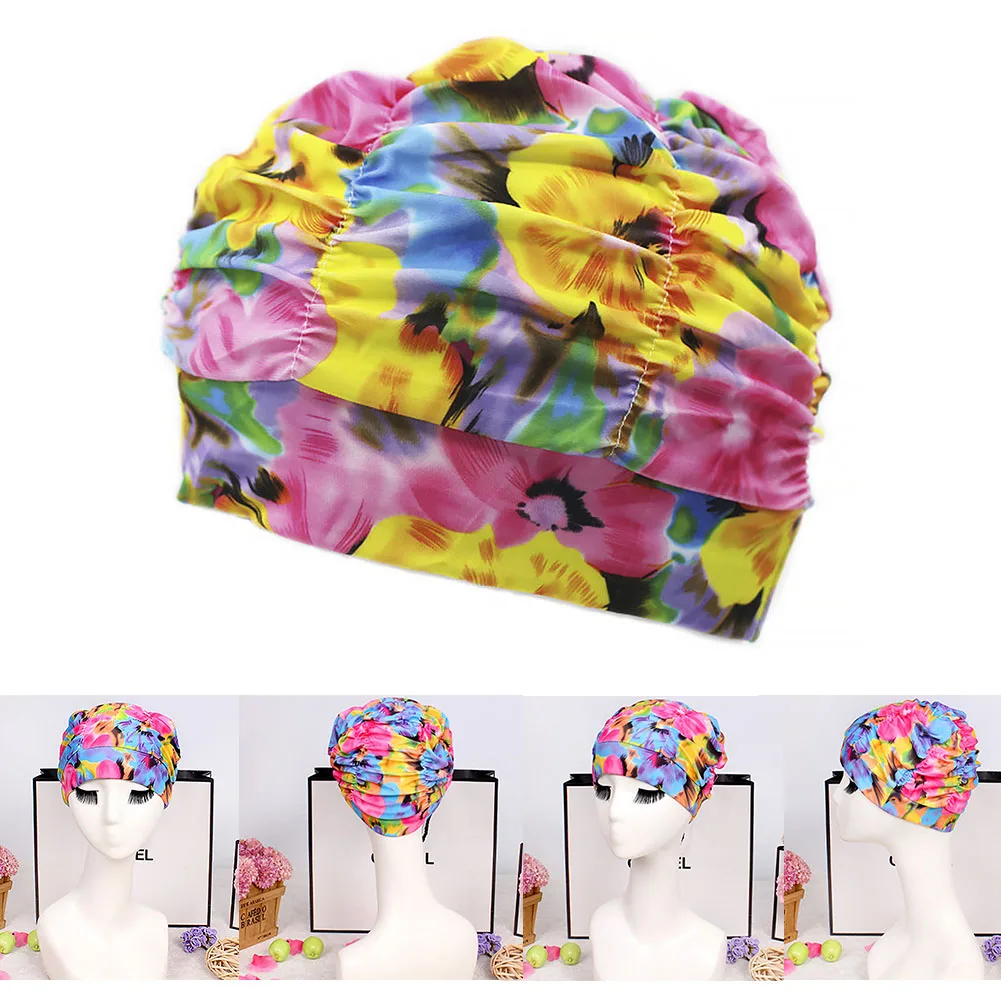 New Womens Stretch Seaside Fold Swim Cap hat Sexy Lady Girls Long Hair Hat Drape Bathing Swimming | Спорт и развлечения