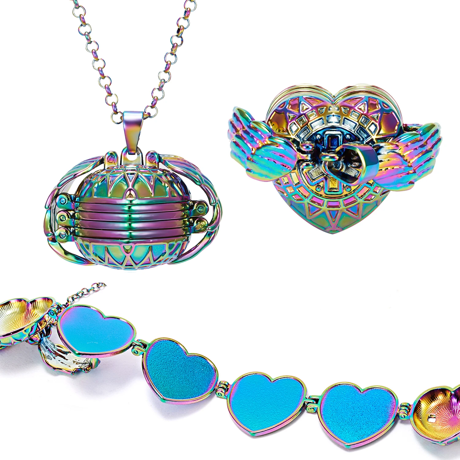 

Beautiful Memory Locket Necklaces Colorful Love Heart Angel Wings Openable Multi-Layer DIY Album Photo Box Pendant Necklace