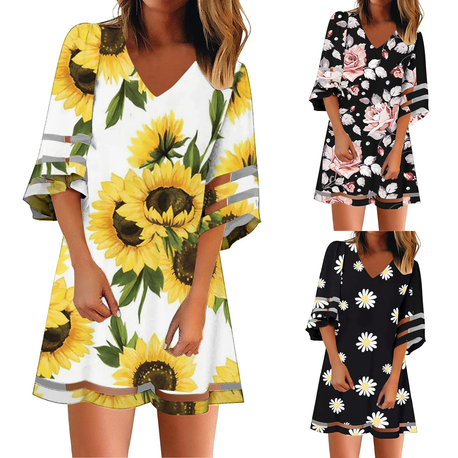 

61# 2021 Women's Dress Crewneck Mesh Patchwork Beach Dress 3/4 Bell Sleeve Casual Loose Print A-line Dress Tunic Dresses