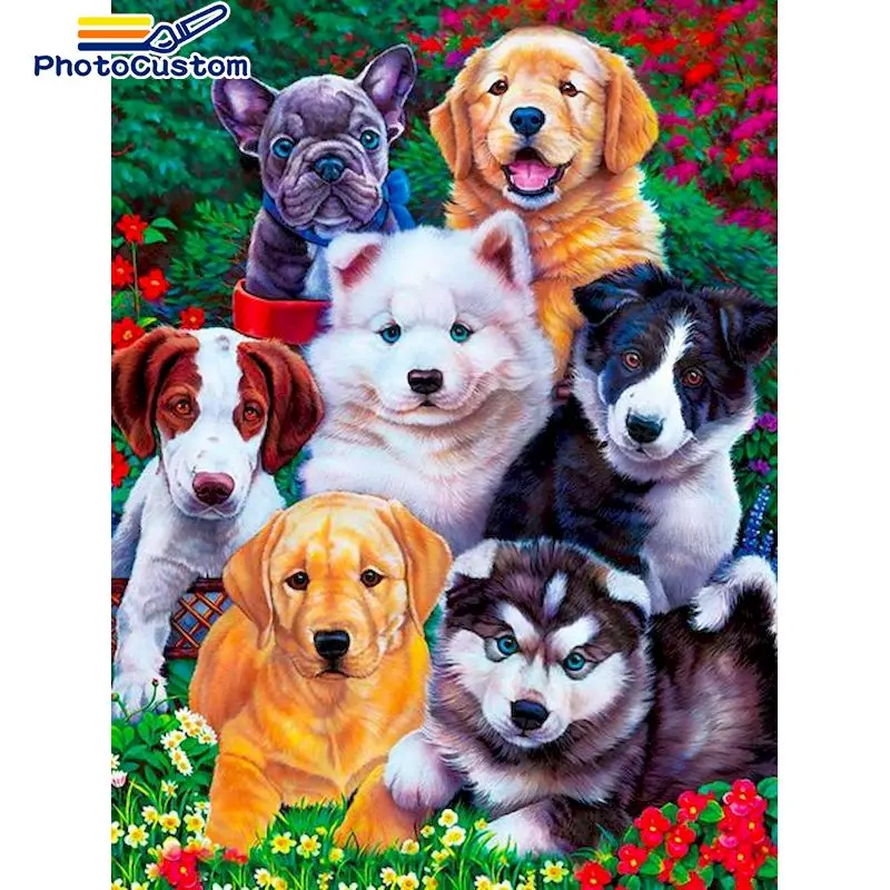 

PhotoCustom DIY Frameless Painting By Numbers Seven Dog 40x50cm Oil Picture By Number For Adult Art Gift