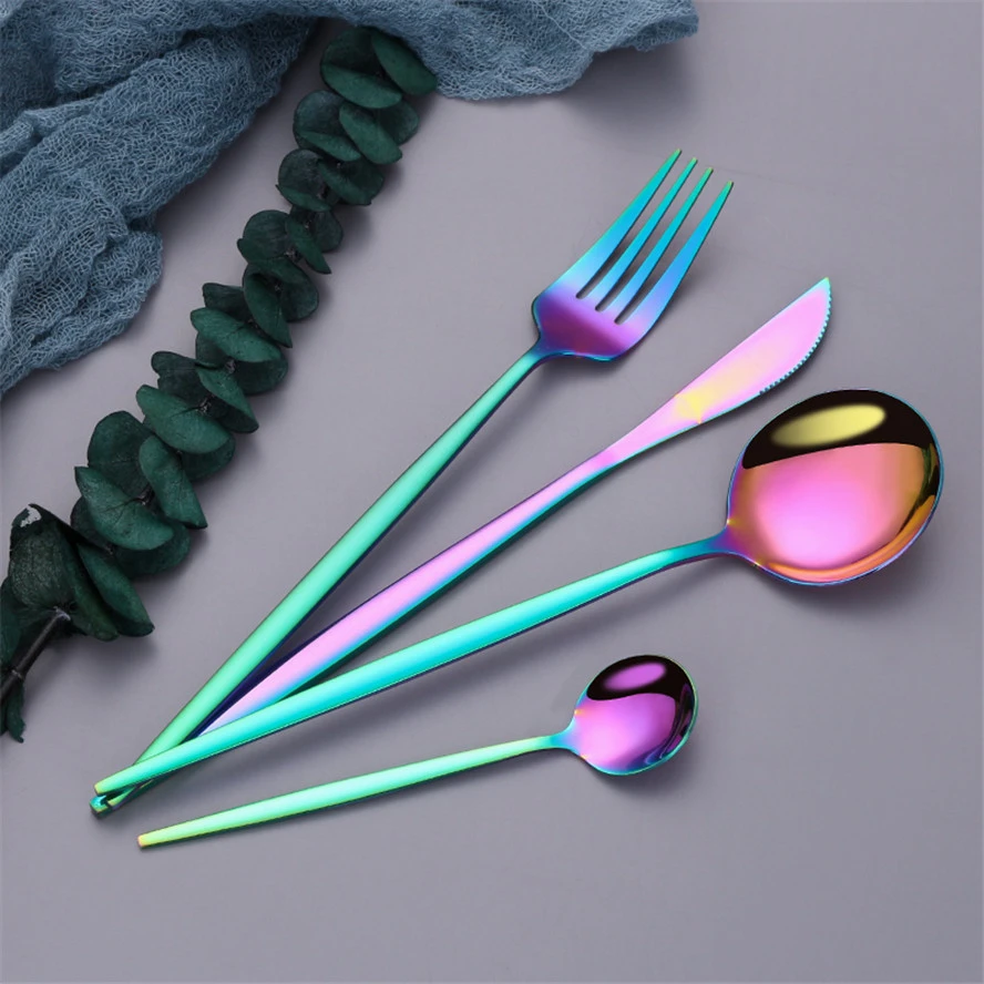 

30Pcs/set Mirror Rainbow Cutlery Set 18/10 Stainless Steel Complete Dinner Set Tableware Flateware Silverware Cutlery Dinnerware