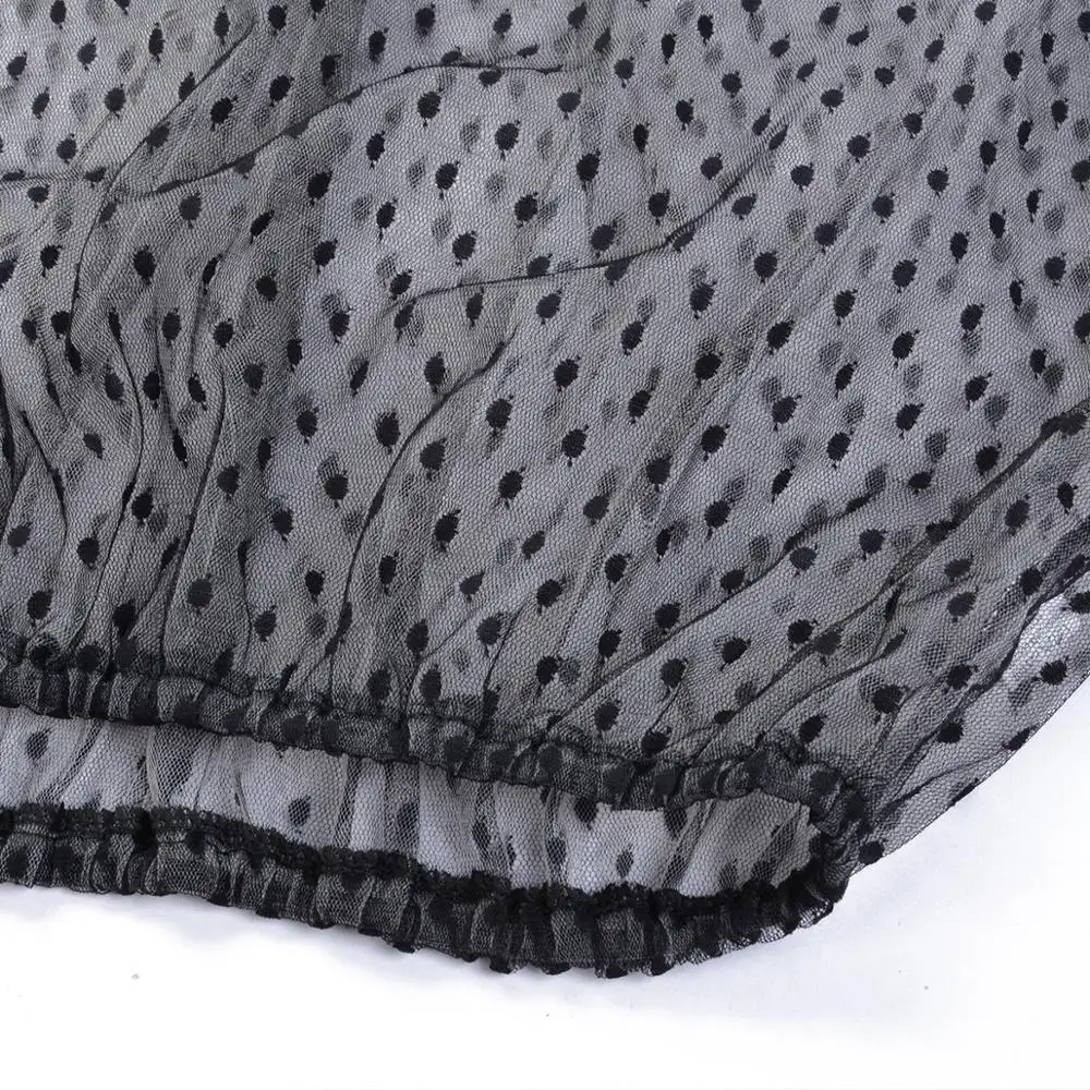 Женский укороченный топ в горошек с пышными рукавами сетчатые Футболки вырезом