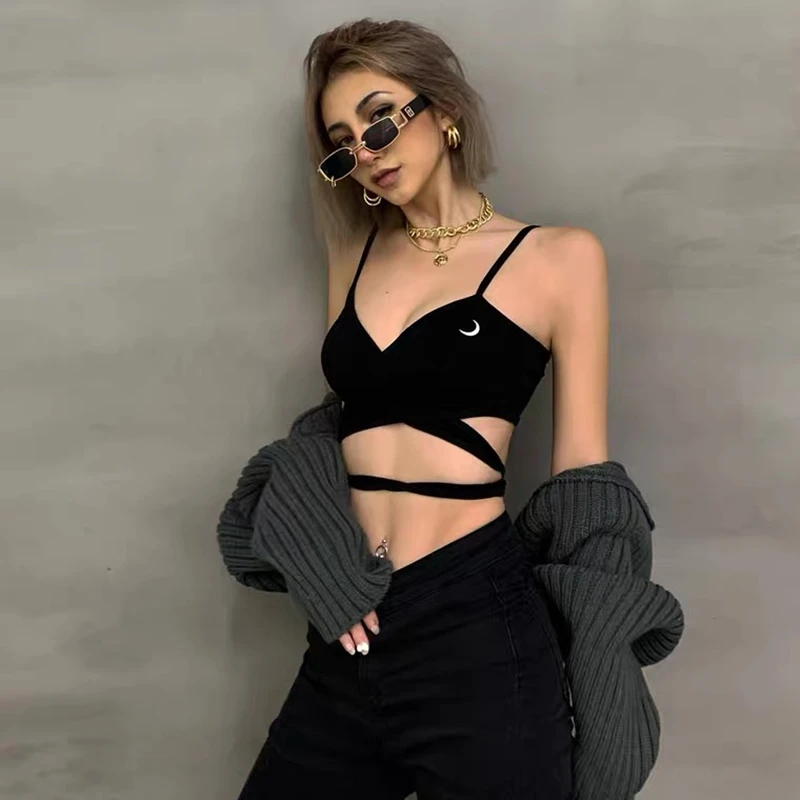 

Club Outfits Summer Clothes For Women Sexy V Neck Lace Up Vest Y2k Backless Tube Goth Cropped Black Tank Top Sports Bralette