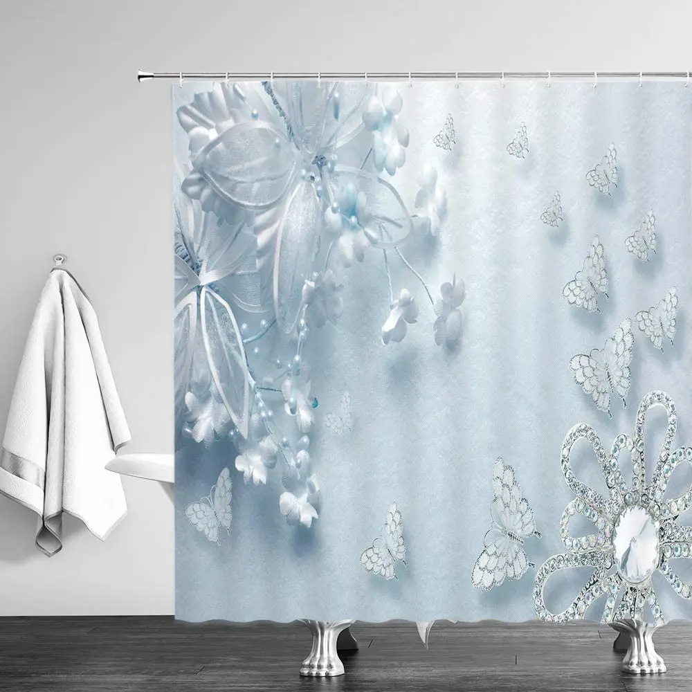 relief white flowers swan shower curtains pearl diamond design water 3d printing bathtub decor hooks fabric bathroom curtain set free global shipping