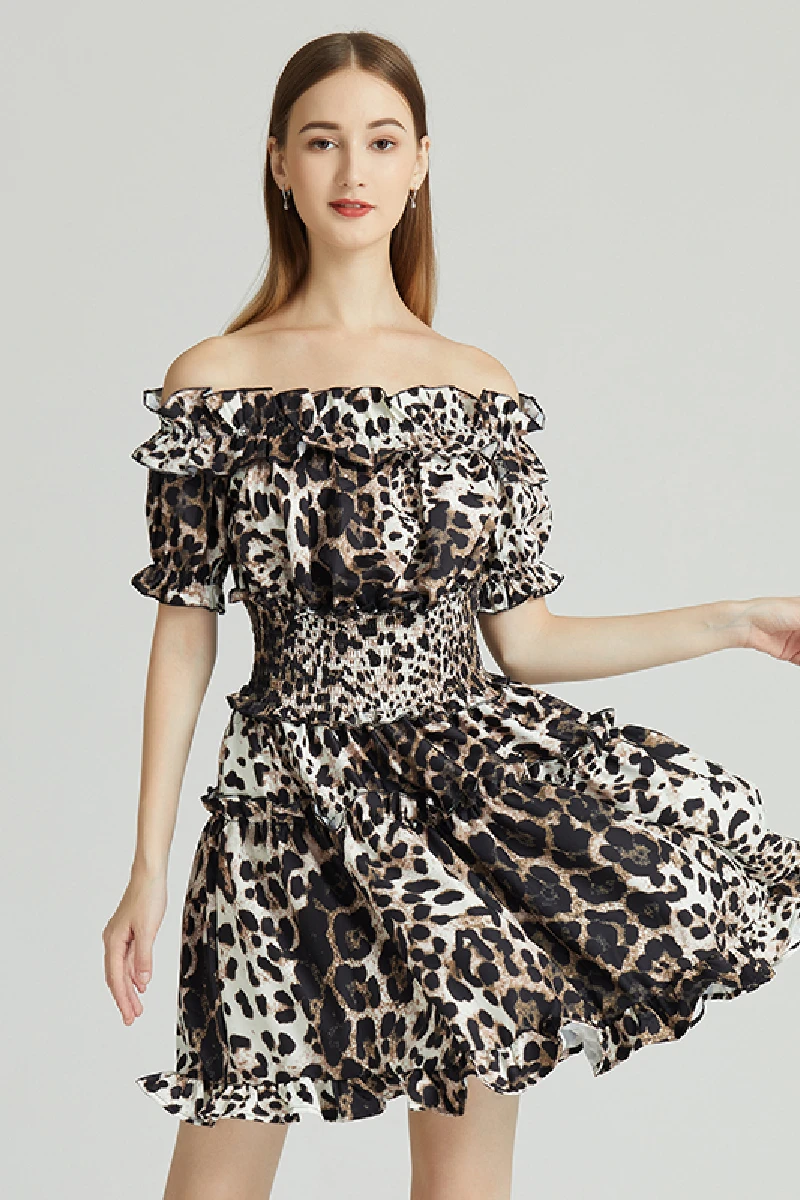 

Summer 2020 Fashion Designer Runway Short Dress Women's Turn Slash Neck Short Sleeve Leopard Print Vintage Party Mini Dress Hot
