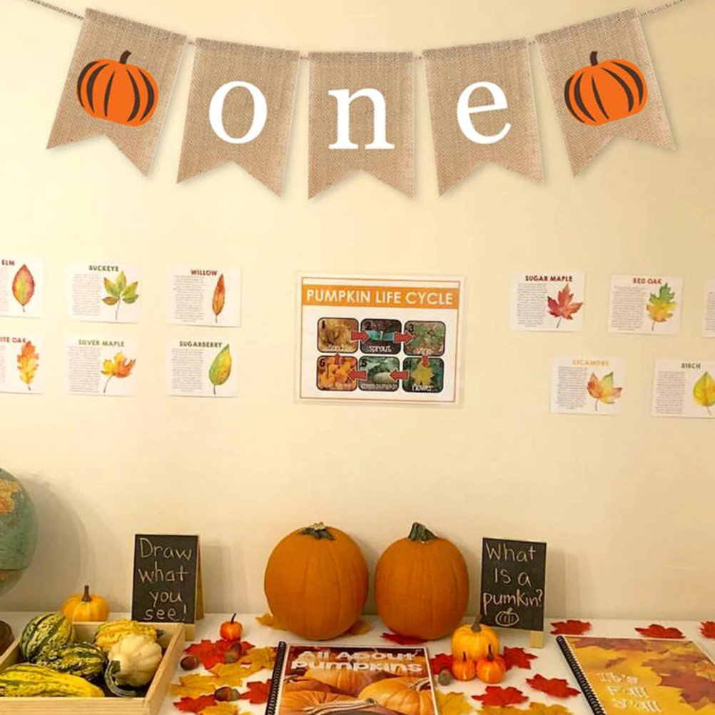 2pcs Autumn Thanksgiving Decorations For Home Baby Birthday Banner ONE Pumpkin Pattern Swallow Tail Flag Party Props | Дом и сад