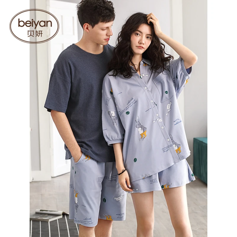 Летняя тонкая хлопковая пижама для пары милый мультяшный женский домашний или