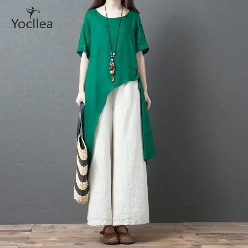 Plus size Casual Women's sets Two pieces set irregular Shirt Tops + Wide Leg Pants Loose women cotton Linen suits summer | Женская