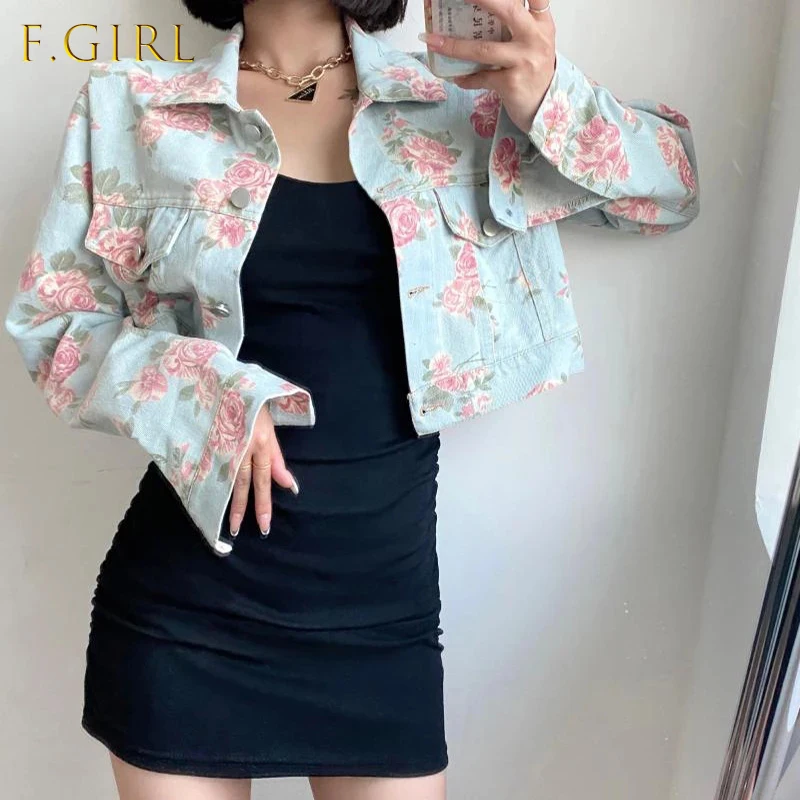 

Винтажное джинсовое пальто для женщин, осенняя Свободная Женская верхняя одежда с розовым узором, повседневная короткая куртка синего цвет...