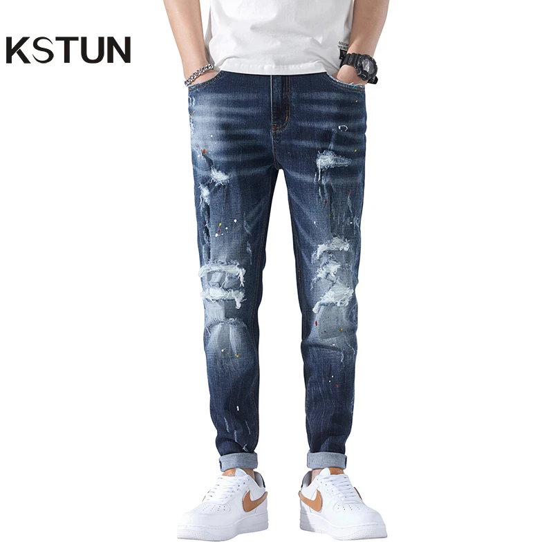 

Punk Jeans Men Slim Fit Dark Blue Stretch Ripped Jeans Spring Destroy Frayed Patchwork Painted Hip Hop Man Denim Pants Trousers