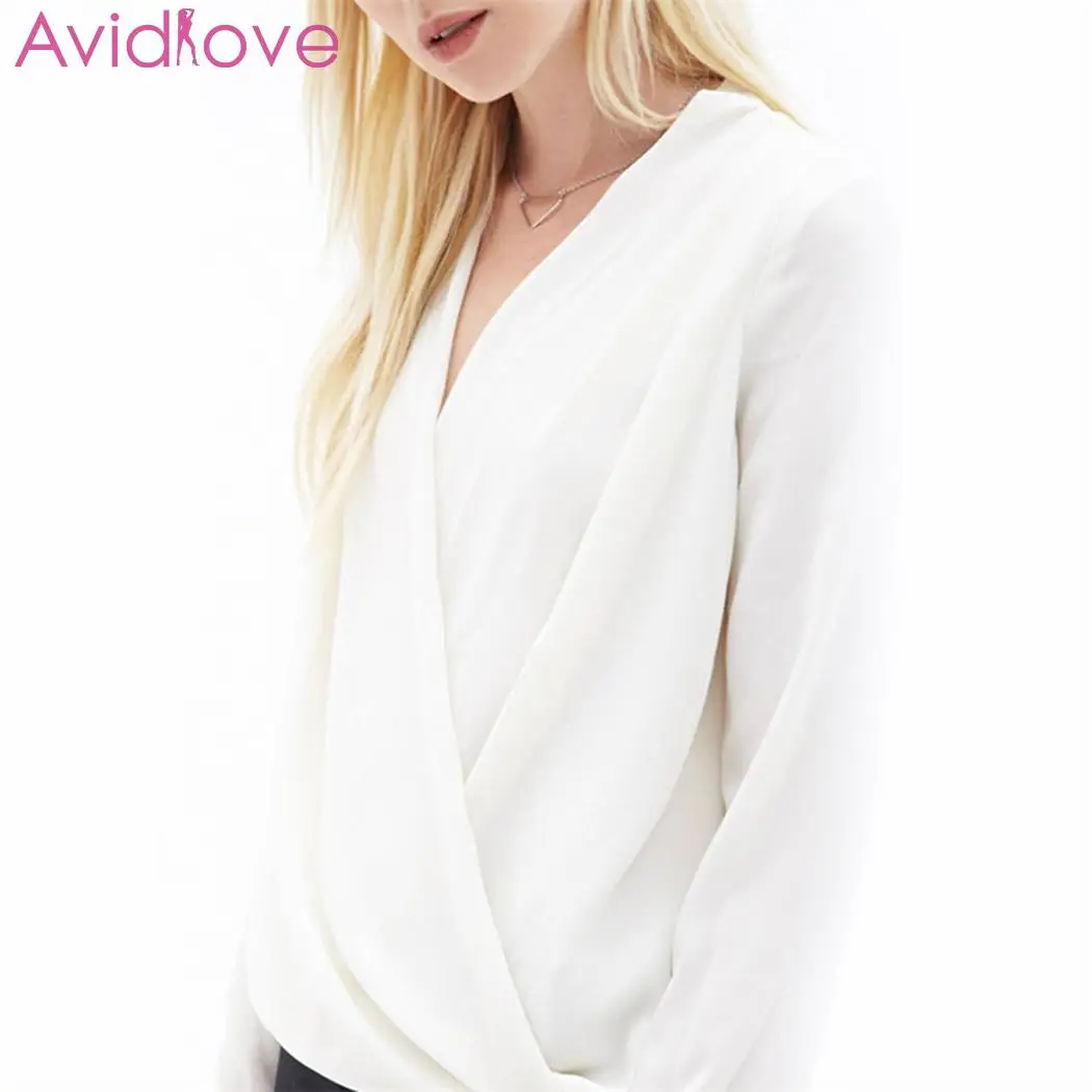 Женская модная повседневная однотонная белая Повседневная рубашка с v-образным